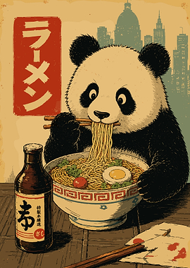Cute Panda Ramen Illustration Japanese Cityscape Wall Art Poster