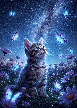 Kitten in a Starry Field of Flowers and Butterflies