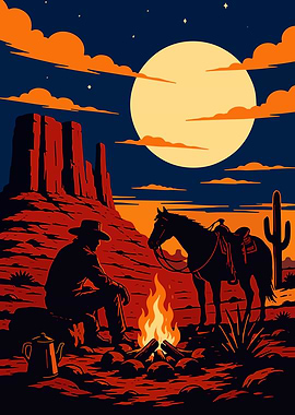 Cowboy and Horse by Campfire