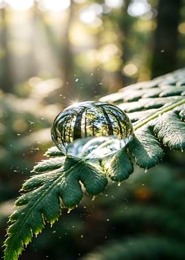 Water droplet on fern reflecting forest