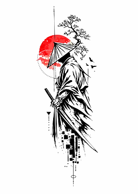 Samurai Warrior with Katana and Red Sun