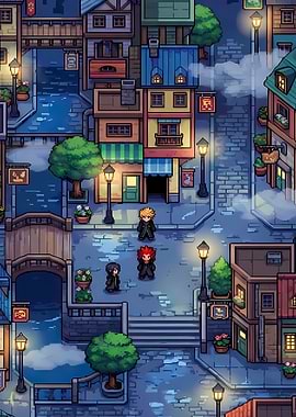 Pixel Art Characters in a Town Square