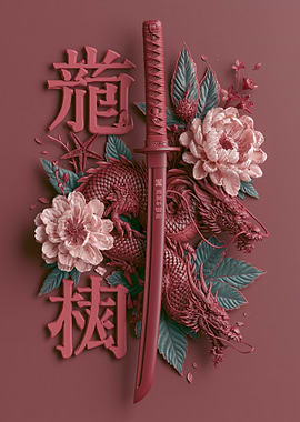 Dragon and Katana with Flowers