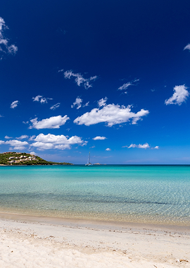 Tropical Beach with Catamaran and Village