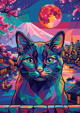 Geometric Cat with Japanese Scenery