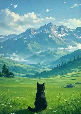 Black cat in a mountain landscape
