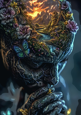 Surreal Headscape with Nature and Mountains