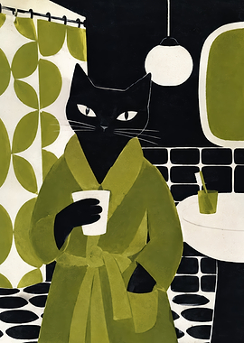 Black Cat in Robe Holding Cup