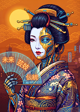 Cyberpunk Geisha with Futuristic Fan