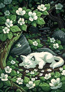White Cat Sleeping Among Flowers