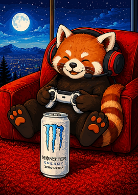 Cute Red Panda Gamer Poster Cozy Gaming Room Wall Art Cartoon Animal Print