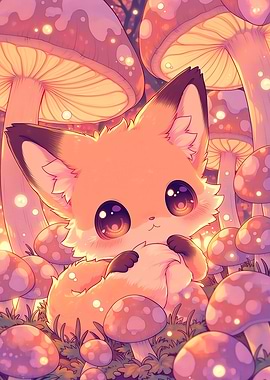 Cute Fox Among Mushrooms