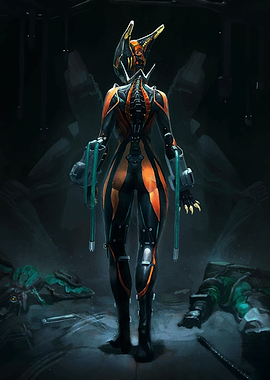 Warframe character in dark setting