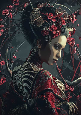 Geisha with Skeleton Ribcage and Flowers