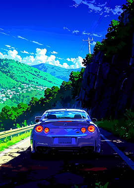 Anime Car Driving on Mountain Road