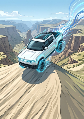 White Electric Pickup Truck Canyon Jump