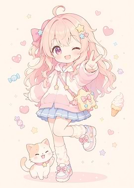 Cute Anime Girl with Cat and Sweets