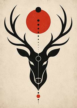 Geometric Deer with Red Sun Symbol