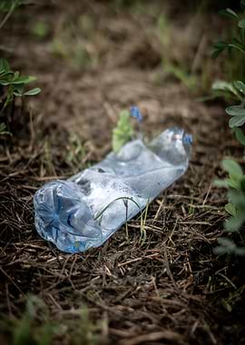 Crushed plastic bottle on forest floor