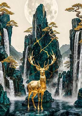 Golden Deer with Antlers in a Moonlit Mountain Landscape