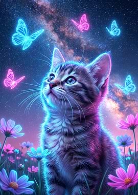 Kitten in a Flower Field looks to the Butterflies