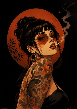 Woman with Tattoos and Sunglasses Smoking