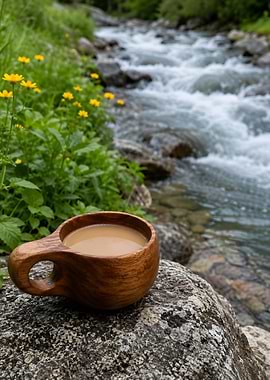 Coffee in a wooden cup by a stream