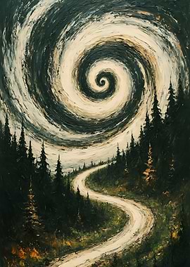 Swirling Sky Over Forest Road