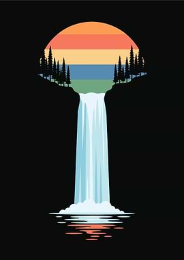 Retro Sunset Waterfall Landscape
