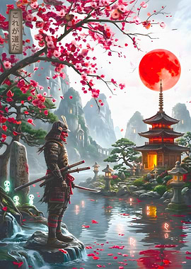 Samurai Warrior by Cherry Blossoms