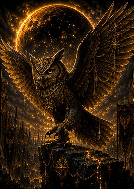 Golden Owl Over Fantasy Cityscape