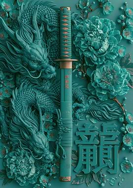 Teal Dragon and Katana with Flowers