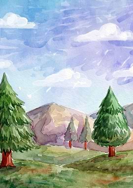 Watercolor Landscape with Mountains and Trees