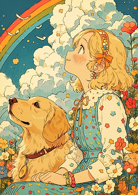 Girl and Dog Looking at Rainbow
