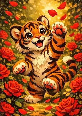 Cute Tiger Cub Among Roses