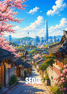 Seoul Cityscape with Cherry Blossoms