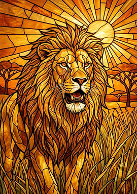 Stained Glass Lion in African Savannah