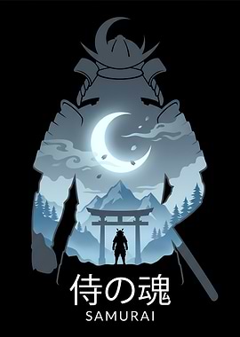 Samurai Silhouette with Moonlit Landscape