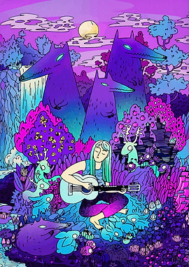 Girl playing guitar in a mystical forest
