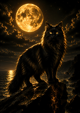 Black Cat Under a Golden Moon