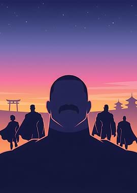 Superheroes silhouetted against a sunset