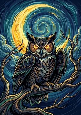 Horned Owl Perched Under Starry Night
