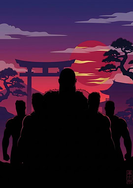 Silhouettes of warriors at sunset