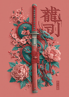 Dragon and Katana with Flowers
