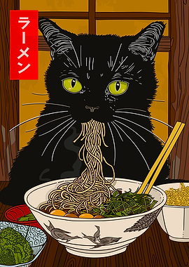 Black Cat Eating Ramen