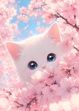 Cute White Kitten Among Cherry Blossoms