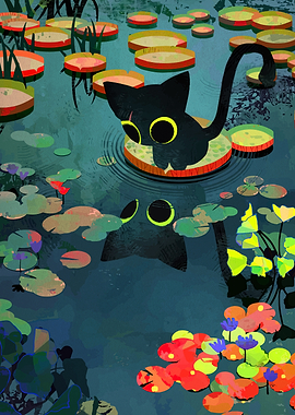 Black Cat on Lily Pad