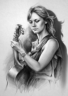 Pencil Sketch of a Woman with Guitar