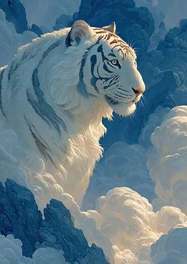 Majestic White Tiger in Clouds