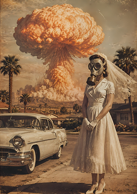 Bride in Gas Mask with Nuclear Explosion